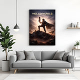 Helldivers Freedom Through Fire canvas wall art featuring elite soldiers advancing through a futuristic battlefield in premium canvas wrapped frame