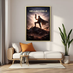 Helldivers Freedom Through Fire artwork in luxury golden floater frame featuring futuristic military action and space warfare design