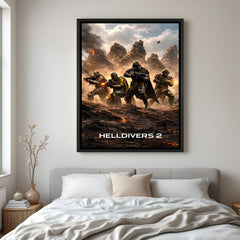 Helldivers Galactic Last Stand wall painting in black floater frame with cinematic sci-fi warfare artwork
