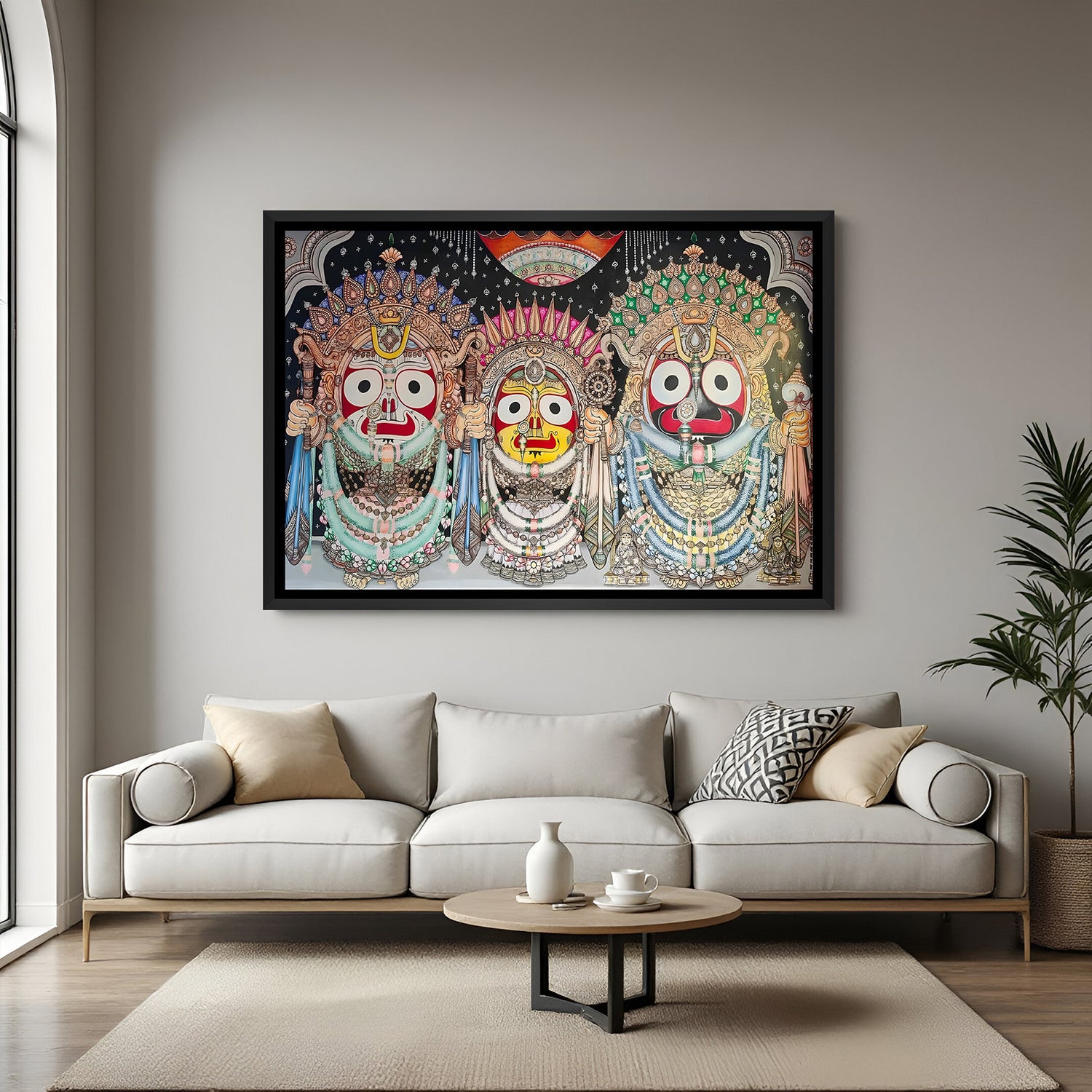 Traditional Pattachitra Jagannath artwork in elegant black floater frame featuring Jagannath Balabhadra and Subhadra