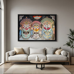 Traditional Pattachitra Jagannath artwork in elegant black floater frame featuring Jagannath Balabhadra and Subhadra