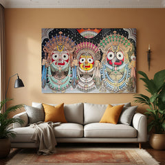 Pattachitra style painting of Jagannath Balabhadra and Subhadra in premium canvas wrapped frame