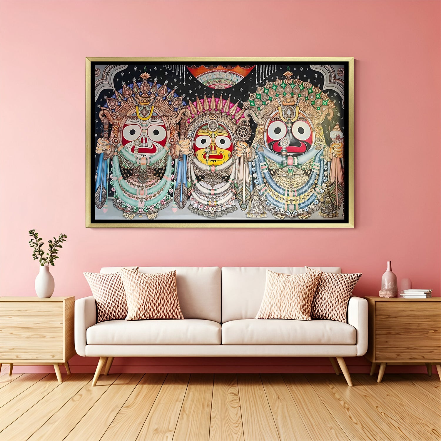 Heritage Pattachitra Jagannath Trinity artwork in luxury golden floater frame with traditional Indian folk art detailing