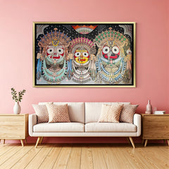 Heritage Pattachitra Jagannath Trinity artwork in luxury golden floater frame with traditional Indian folk art detailing