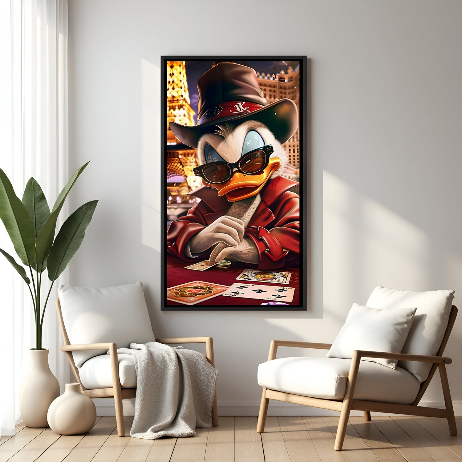 McDuck card game artwork in elegant black floater frame featuring casino and luxury-themed cartoon design