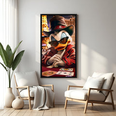 McDuck card game artwork in elegant black floater frame featuring casino and luxury-themed cartoon design