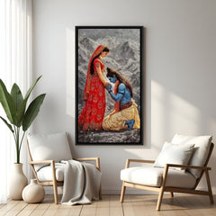 Shiva Parvati Himalayan artwork in elegant black floater frame with serene mountain backdrop