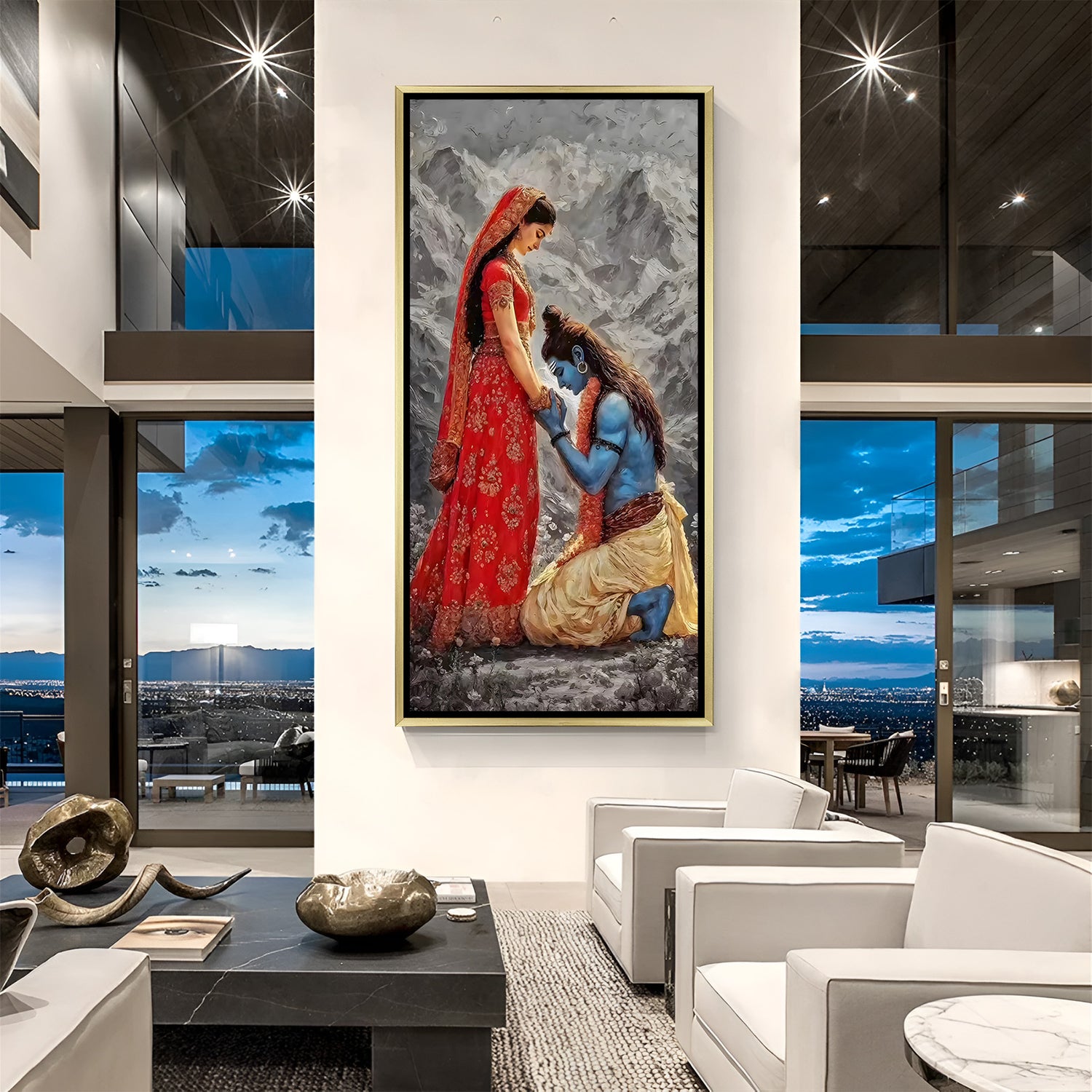 Divine Shiva and Parvati canvas painting with Himalayan scenery in luxurious golden floater frame