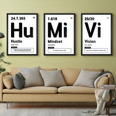 Set of 3 motivational canvas wall art prints styled like chemistry elements with the words HU for Hustle, MI for Mindset, and VI for Vision displayed in bold layout