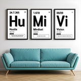 Set of 3 canvas prints featuring chemistry-style symbols HU (Hustle), MI (Mindset), and VI (Vision) with motivational definitions – perfect for home or office