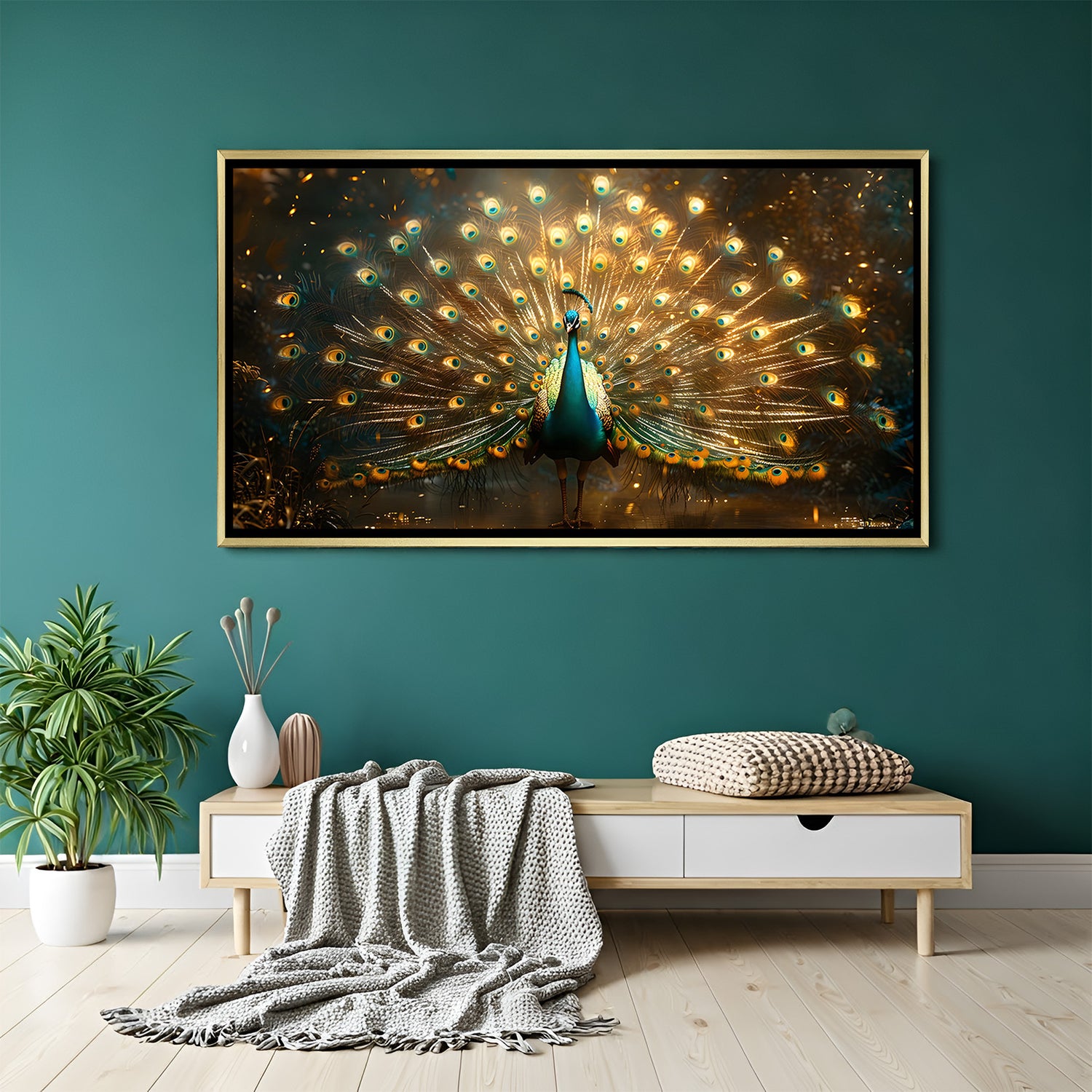 Elegant peacock wall art in gold frame adding warmth and grandeur to contemporary living space.