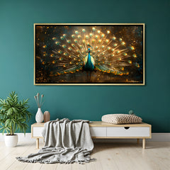 Elegant peacock wall art in gold frame adding warmth and grandeur to contemporary living space.