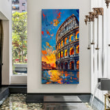 Vertical Colosseum sunset wall art in canvas wrapped frame featuring glowing arches and vibrant abstract sky reflections.