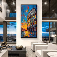 Modern Colosseum artwork in black floater frame with dramatic sunset colors and architectural detail.