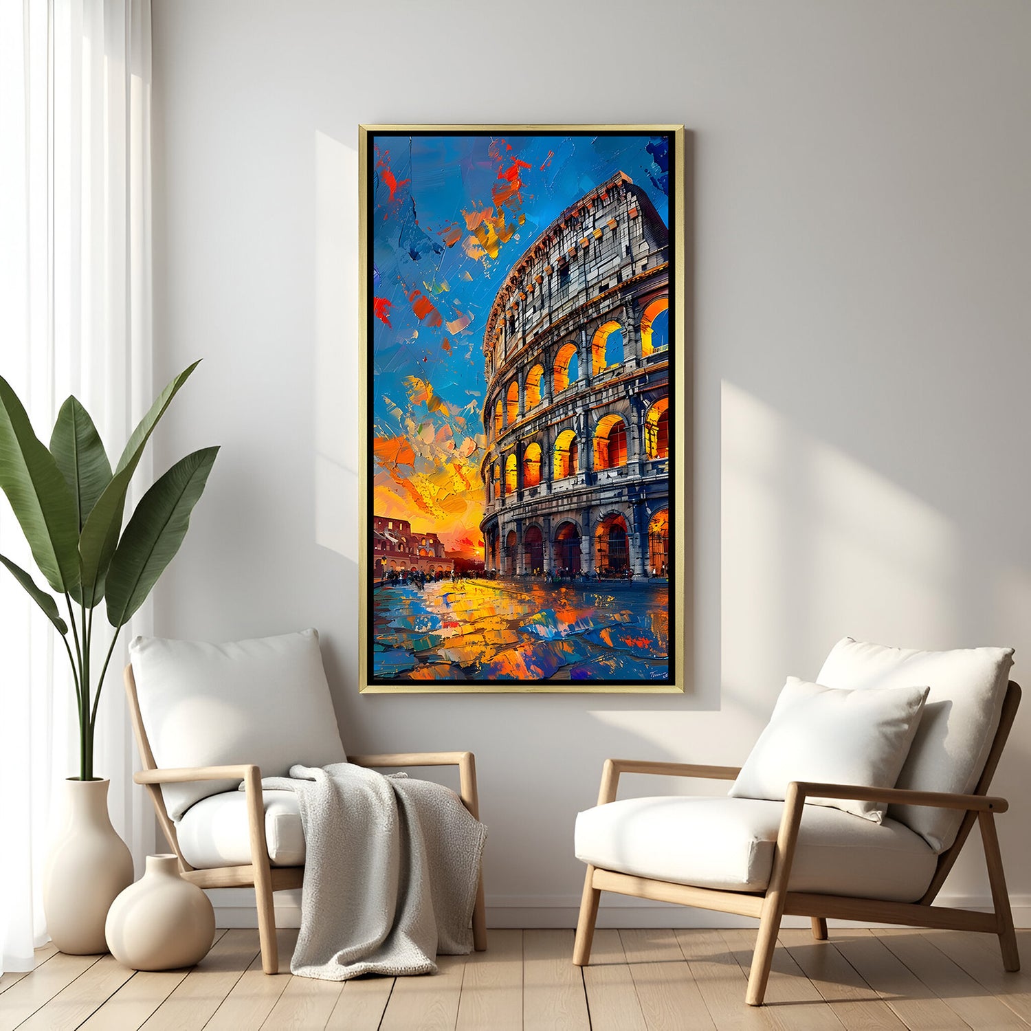 Luxury vertical Rome Colosseum wall art in gold floater frame with warm illuminated arches and colorful sky.