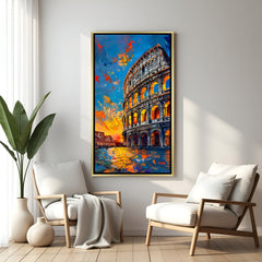 Luxury vertical Rome Colosseum wall art in gold floater frame with warm illuminated arches and colorful sky.