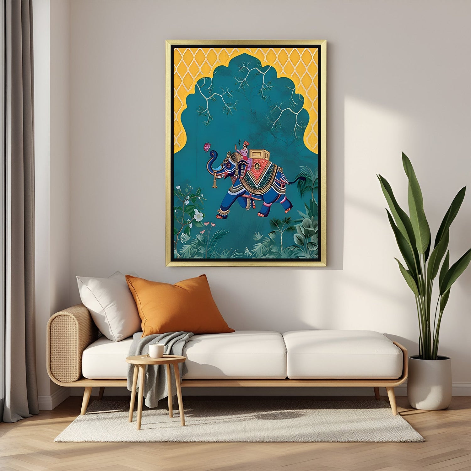 Golden frame ethnic elephant canvas wall painting for rich Indian-style interiors