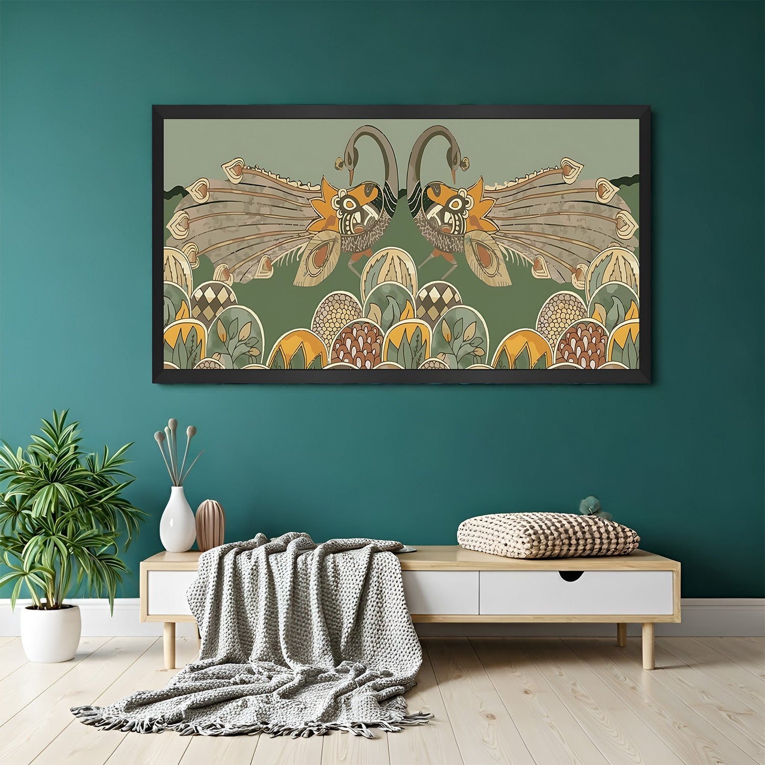 Indian ethnic canvas painting in black floater frame for elegant traditional and modern interiors