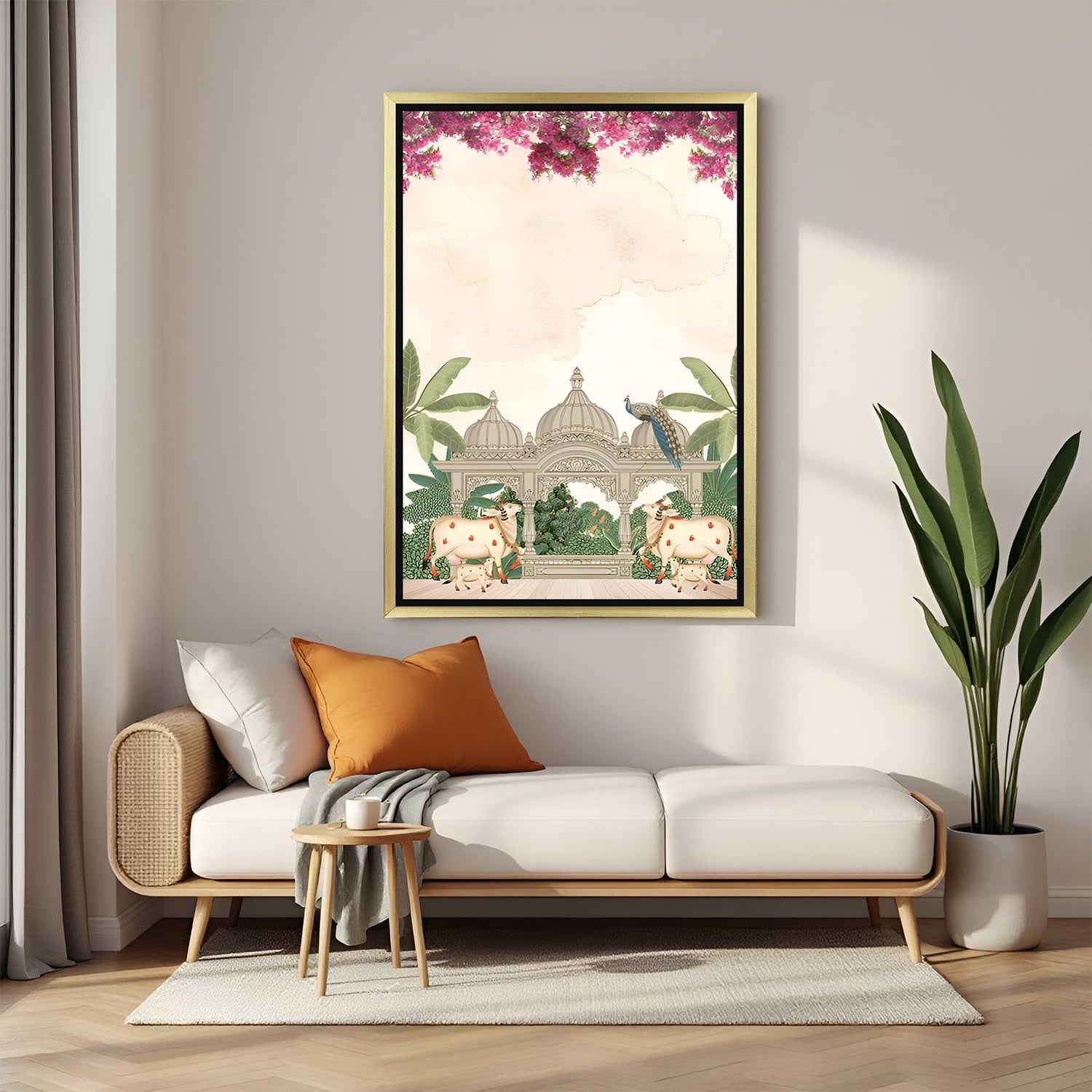 Golden framed ethnic cow Pichwai wall art for Vastu-enhanced interiors