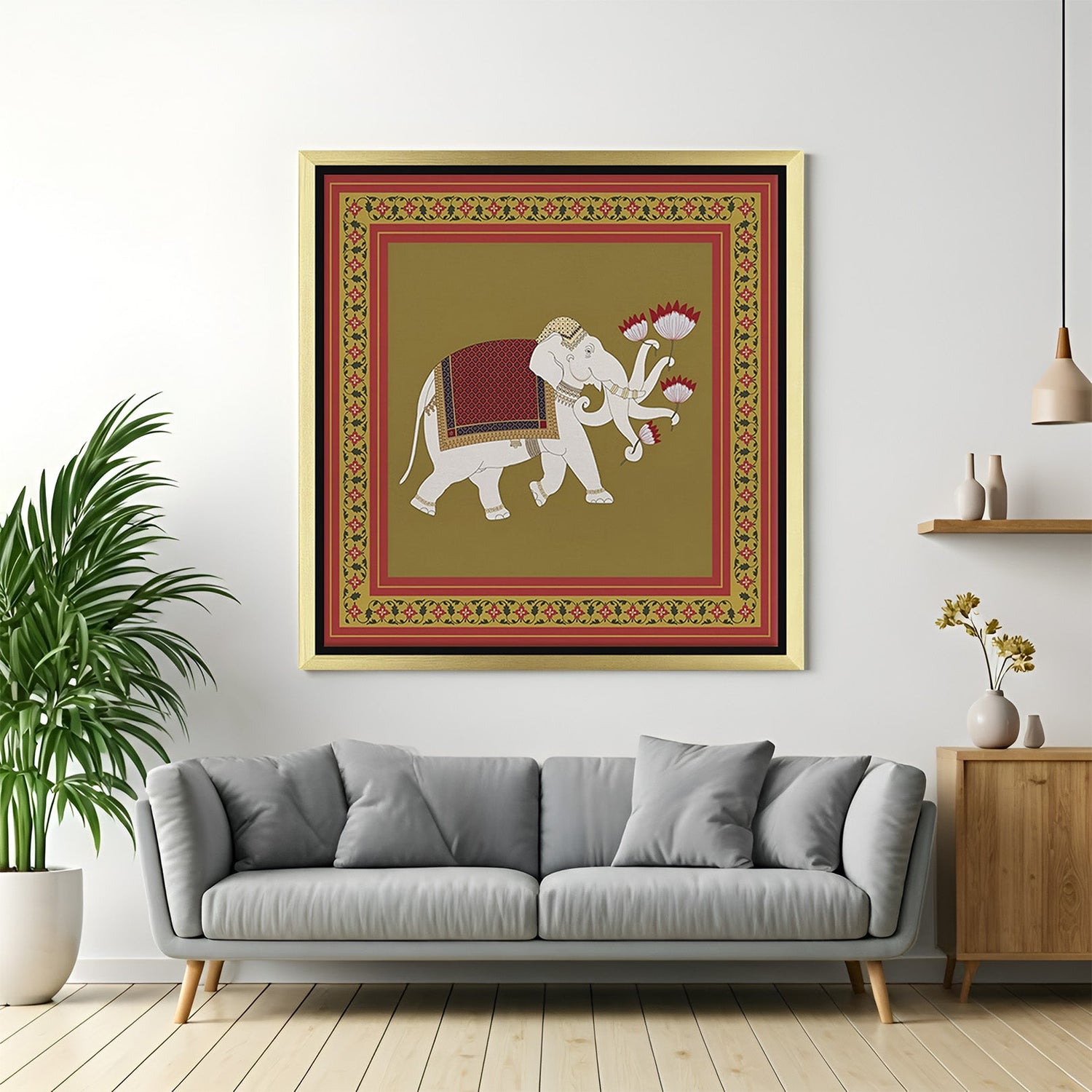 Indian ethnic elephant canvas painting in golden floater frame for elegant and Vastu-inspired Indian interiors
