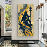 Modern abstract Lord Shiva artwork with navy blue silhouette and textured yellow beige background in premium canvas wrapped frame
