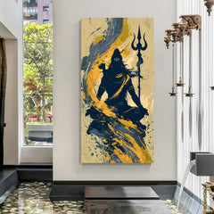 Modern abstract Lord Shiva artwork with navy blue silhouette and textured yellow beige background in premium canvas wrapped frame
