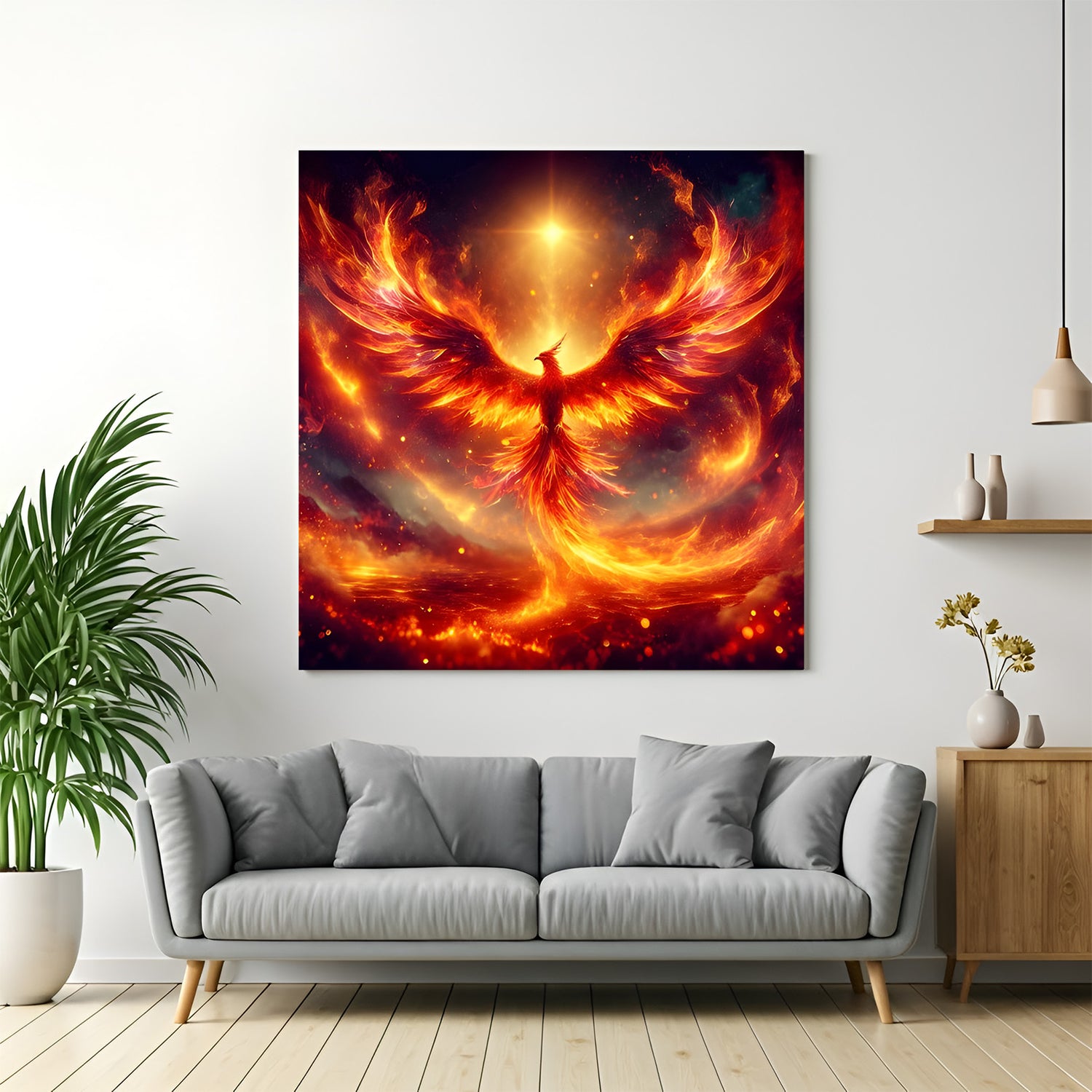 Square fiery phoenix wall art rising from glowing horizon with blazing red and orange wings.