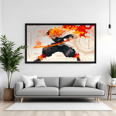 Rengoku anime artwork in black floater frame featuring fiery sword and powerful flame battle aesthetic