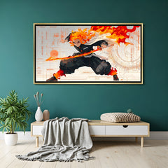 Luxury Rengoku canvas artwork in golden floater frame with blazing sword and dramatic flame-inspired design