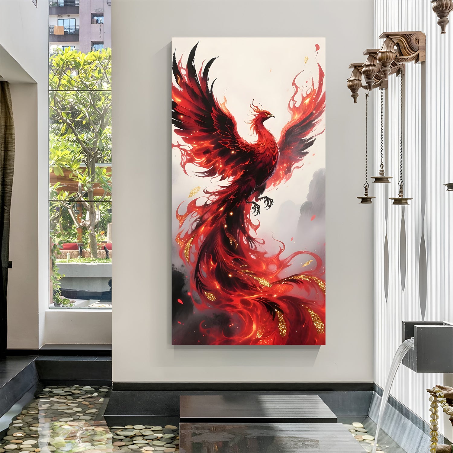 Vertical red phoenix wall art with fiery wings and flowing flame tail in dramatic composition.