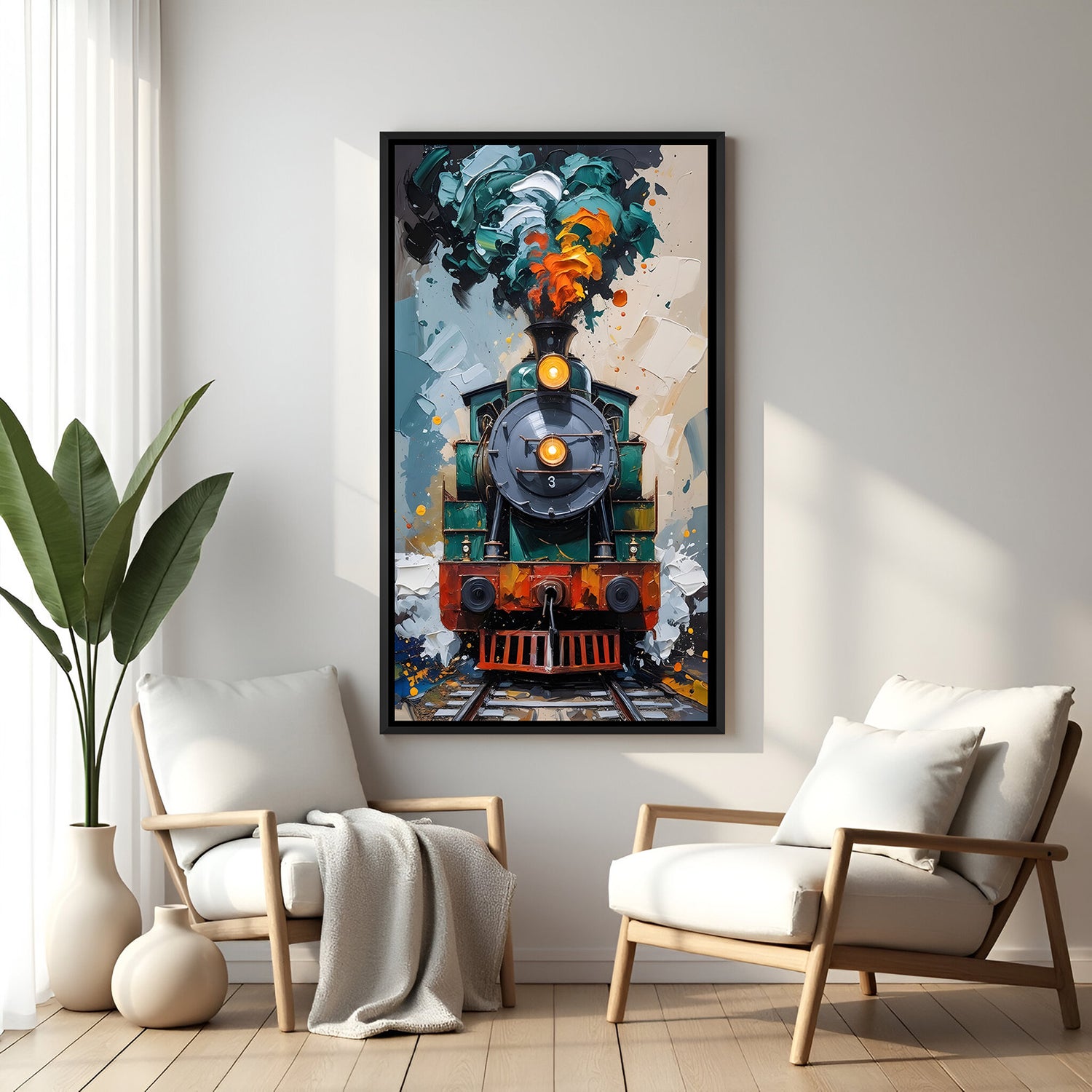 Modern train canvas painting in elegant black floater frame with contemporary artistic styling