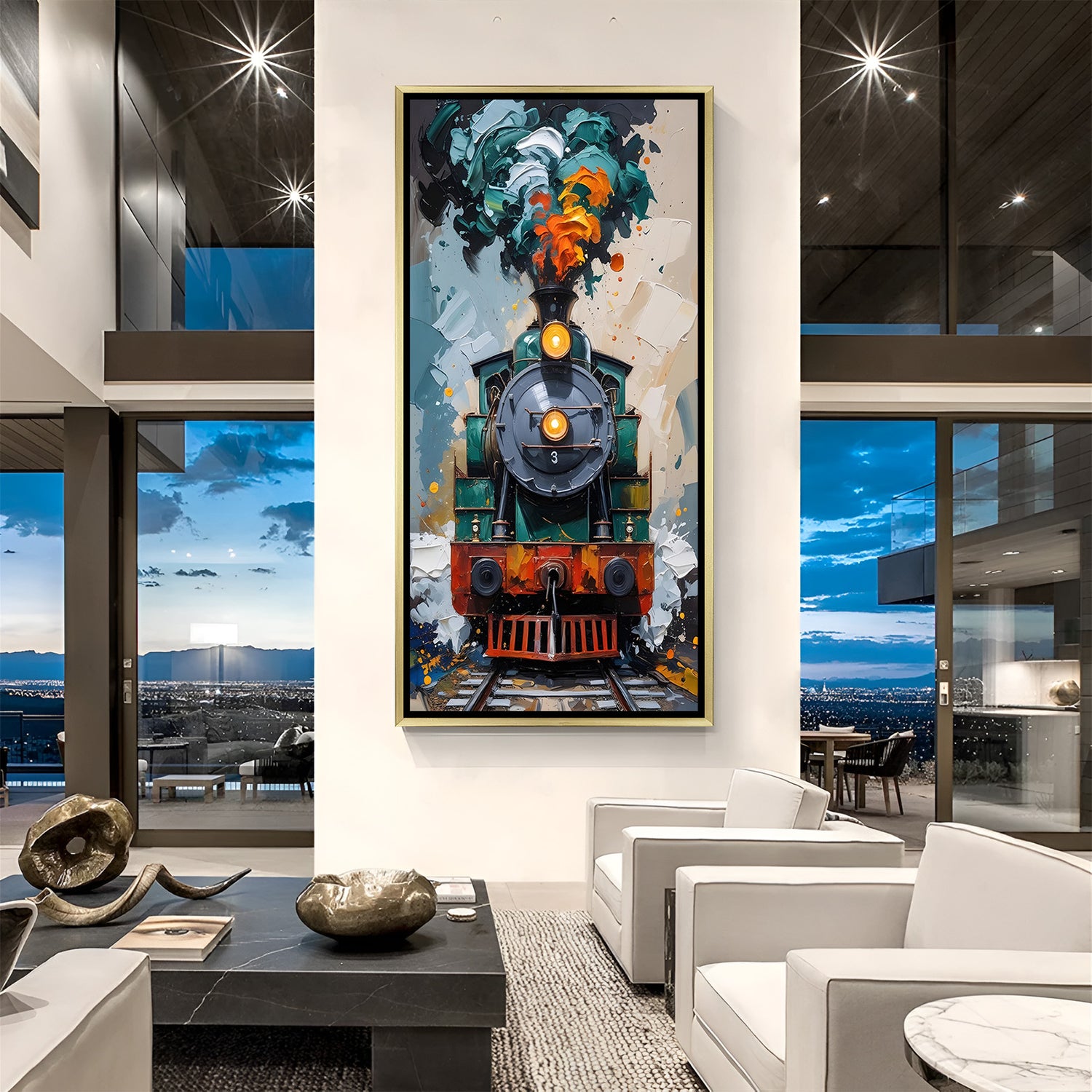 Iron Journey Contemporary wall decor in luxury golden floater frame showcasing a modern railway artwork