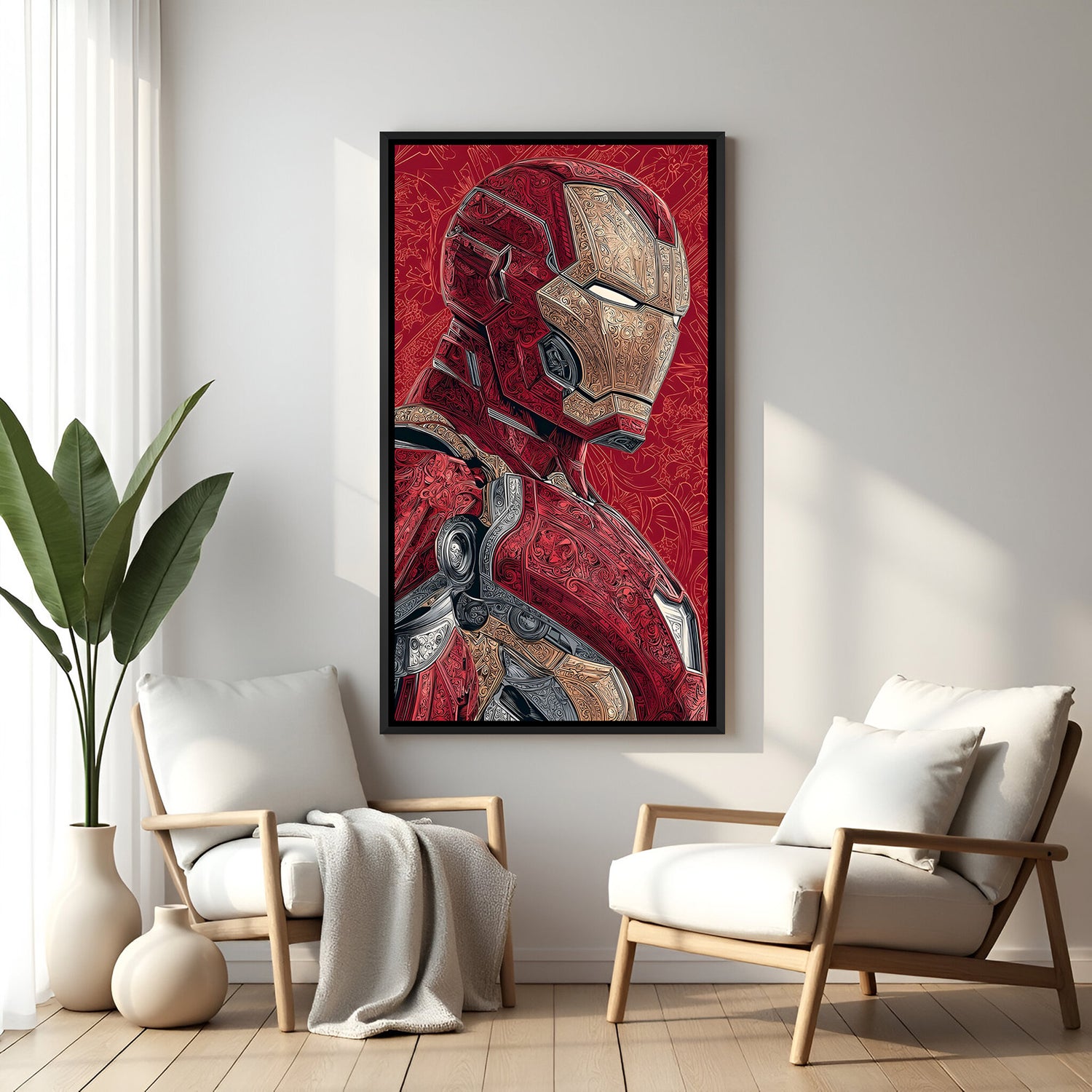 Iron Man Arc Reactor Legacy wall painting in black floater frame with futuristic armored face artwork