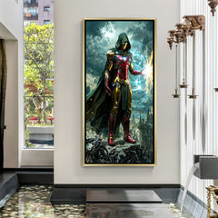 Iron Man and Dr. Doom cape fusion artwork – premium Marvel wall art in elegant golden floater frame.