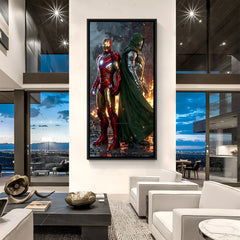Powerful Marvel canvas painting of Iron Man fighting Dr. Doom – framed in black for a bold modern touch.