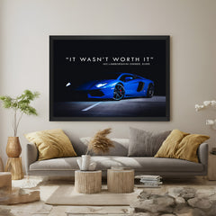 Motivational canvas wall art with black floater frame featuring Lamborghini quote
