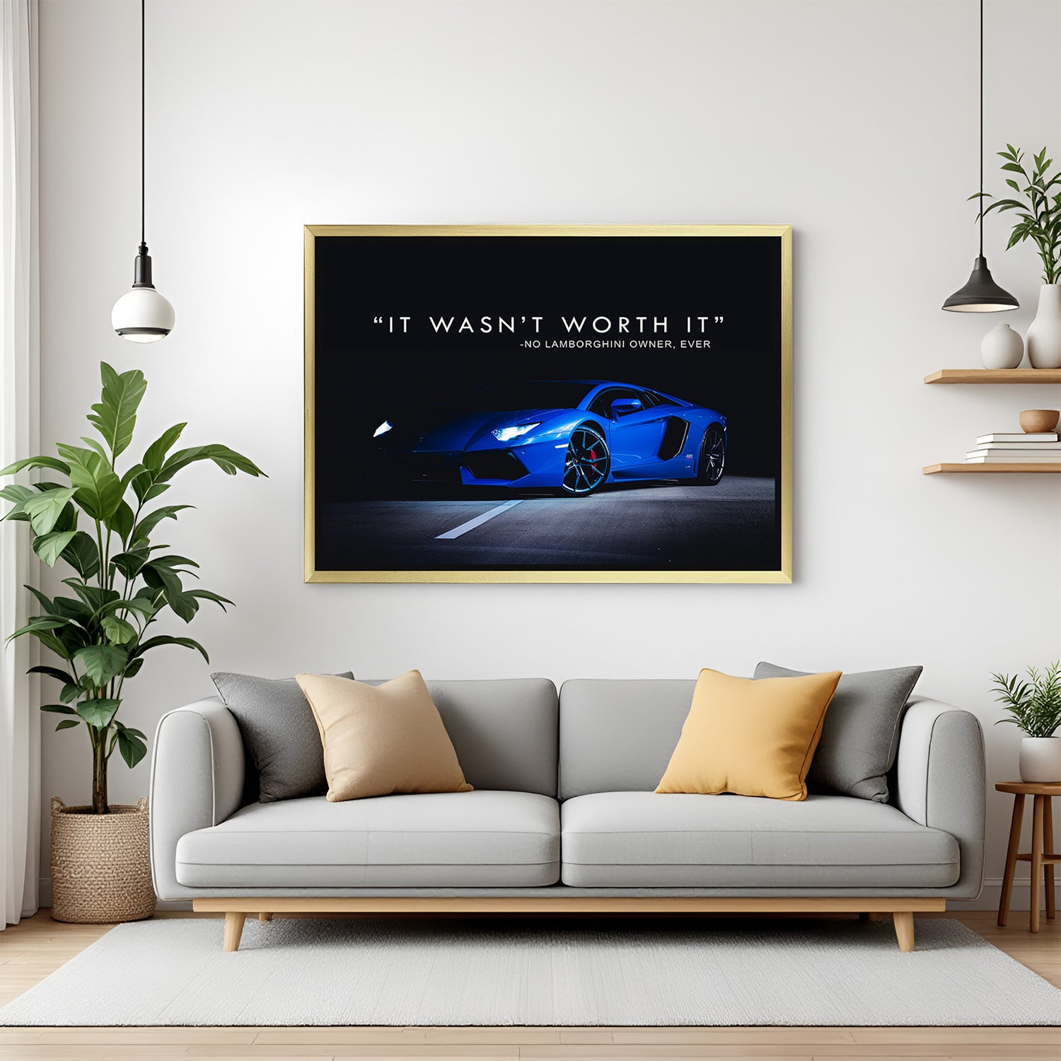 Motivational canvas wall art with golden floater frame featuring Lamborghini quote