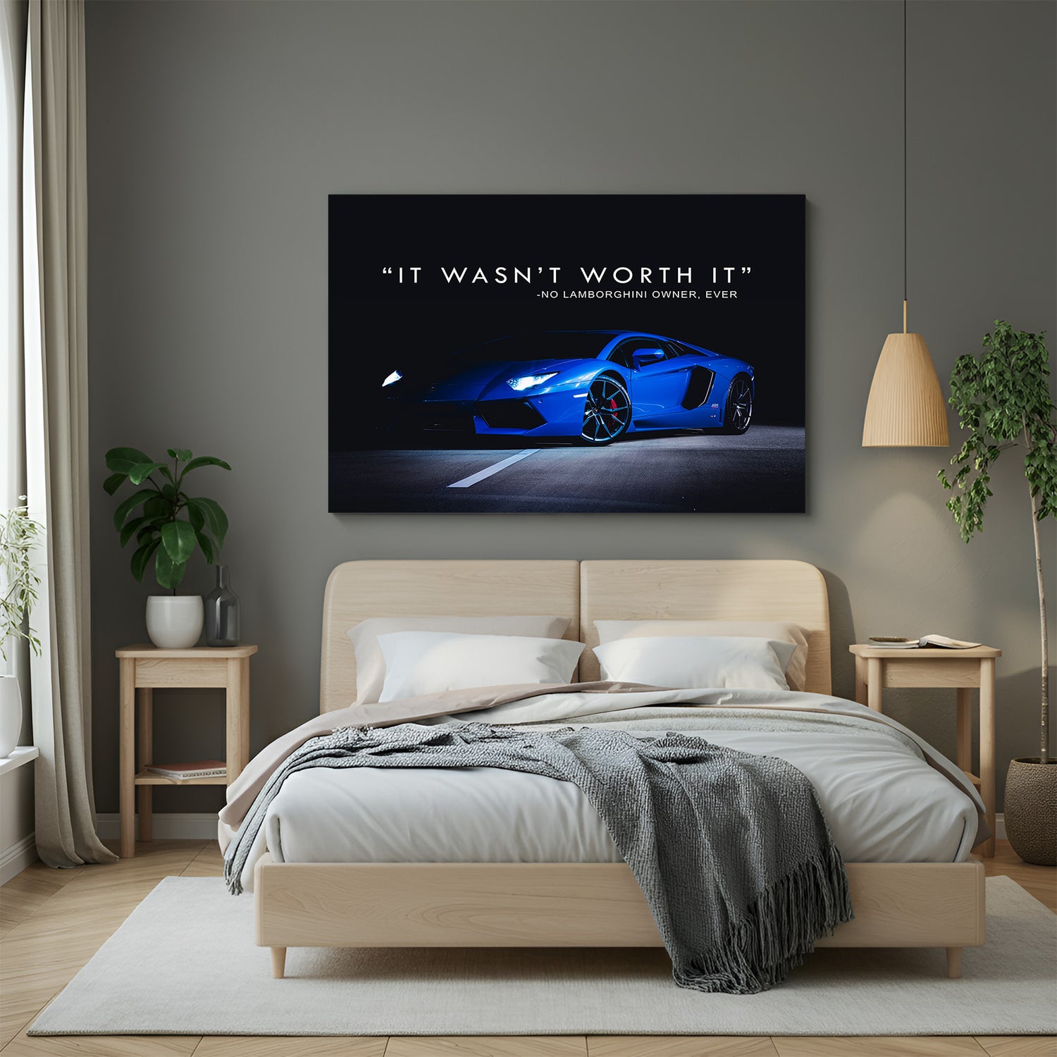 Motivational canvas wall art with quote “It wasn’t worth it, no Lamborghini owner ever said” for home and office decor
