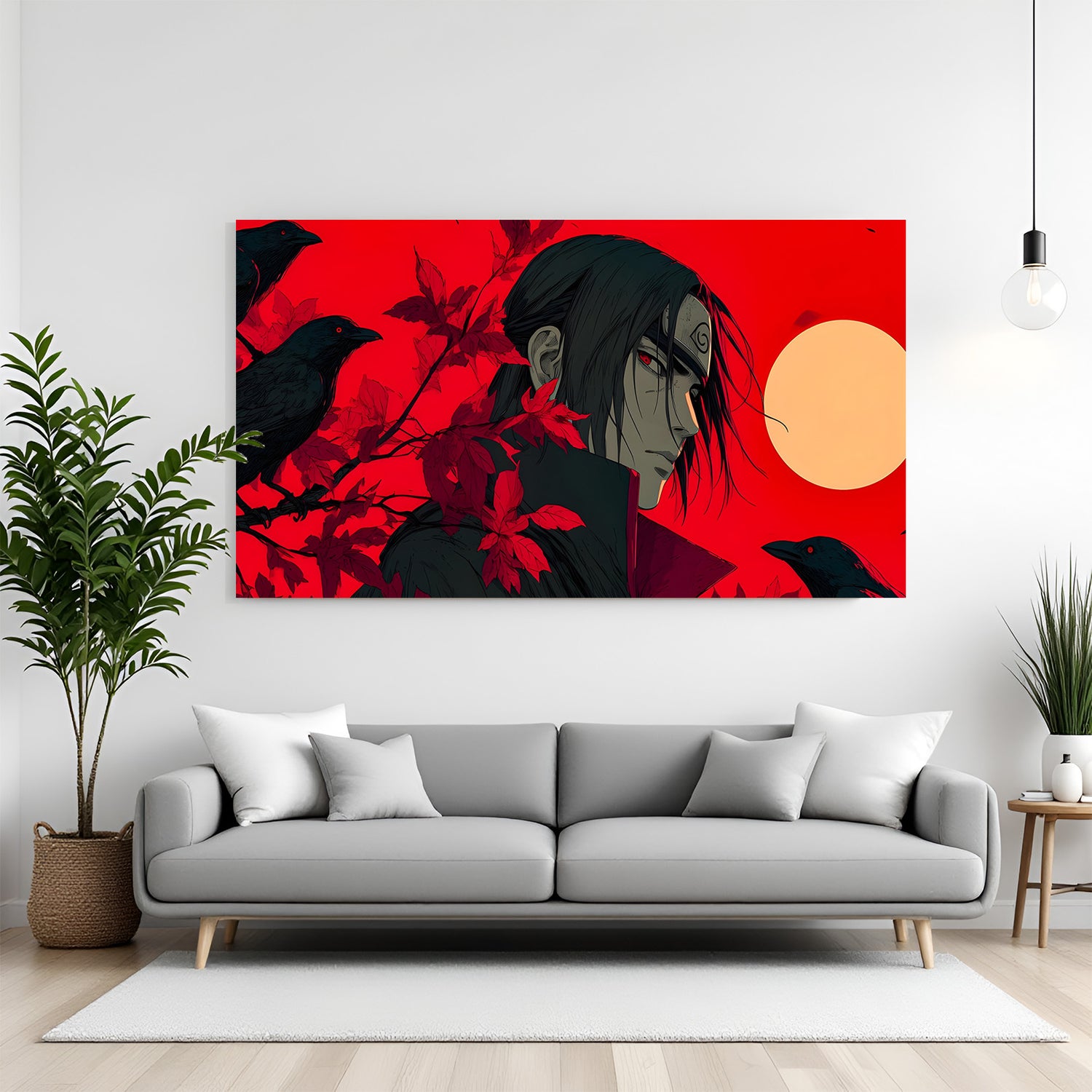 Itachi Uchiha Crow canvas painting with red anime artwork in canvas wrapped frame