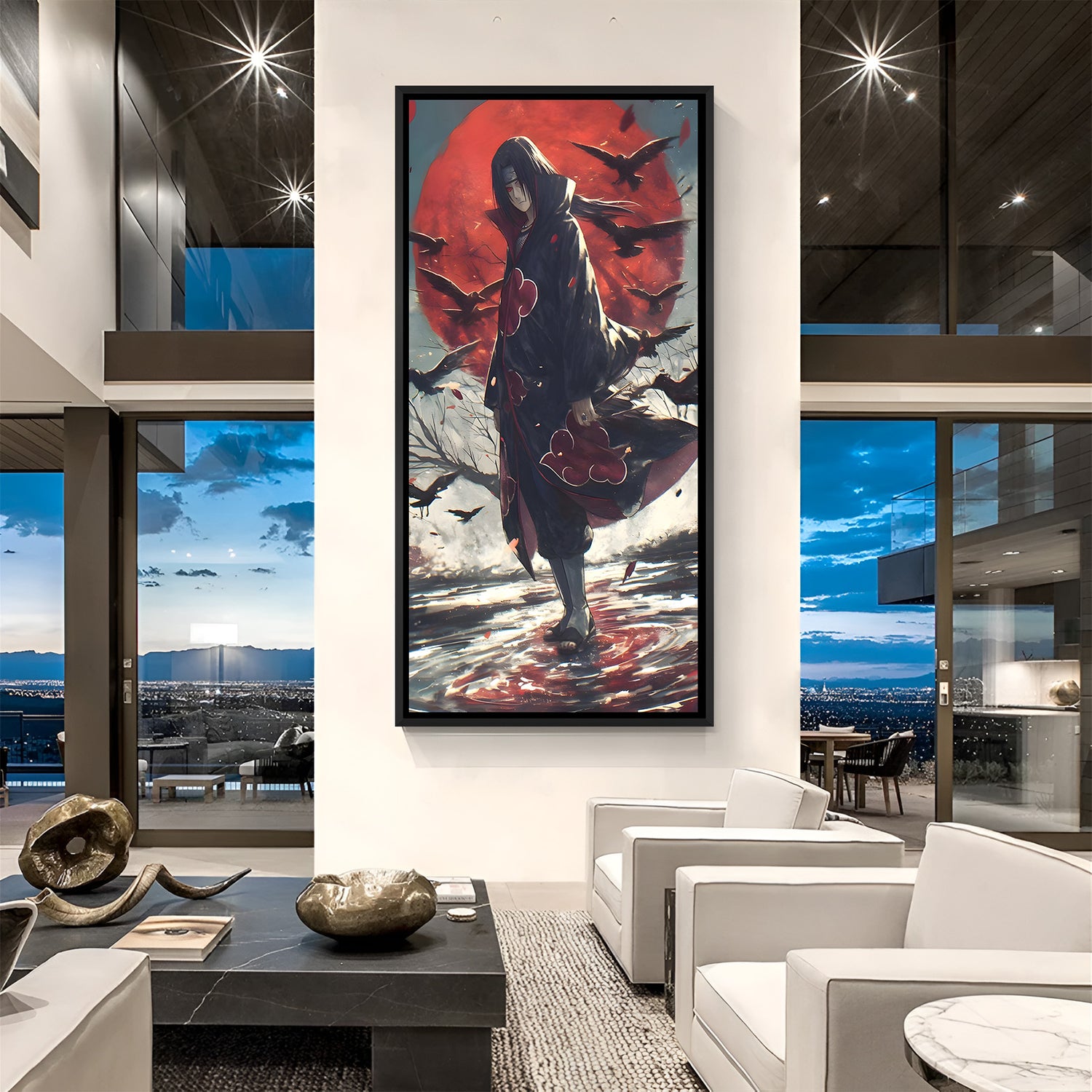 Itachi Uchiha Moon Crow anime canvas artwork in premium black floater frame