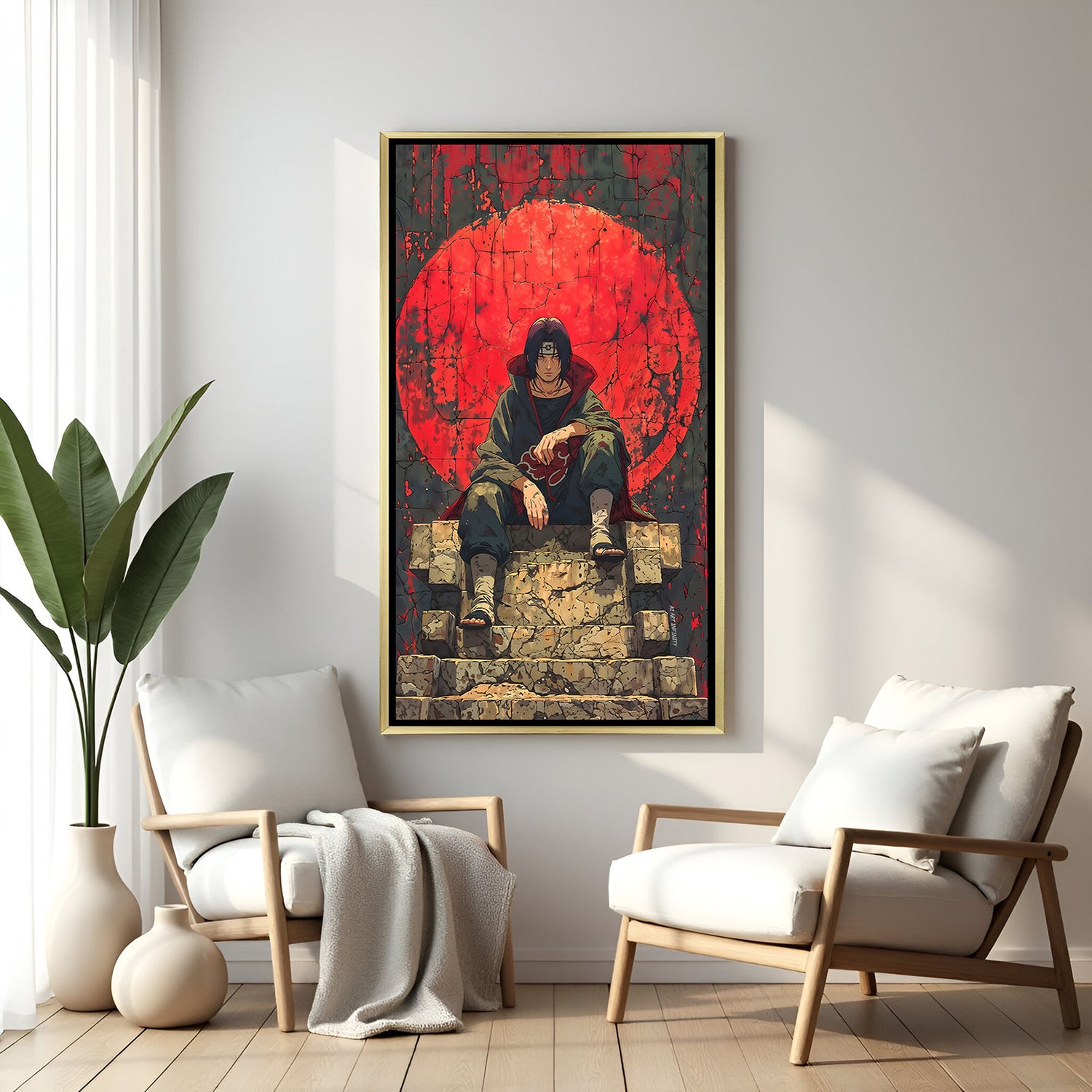 Itachi Uchiha Naruto wall art in luxury golden floater frame with red moon anime design