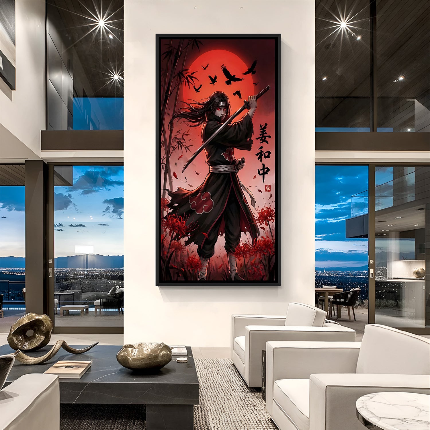 Itachi Uchiha Sword Moon anime canvas artwork in premium black floater frame
