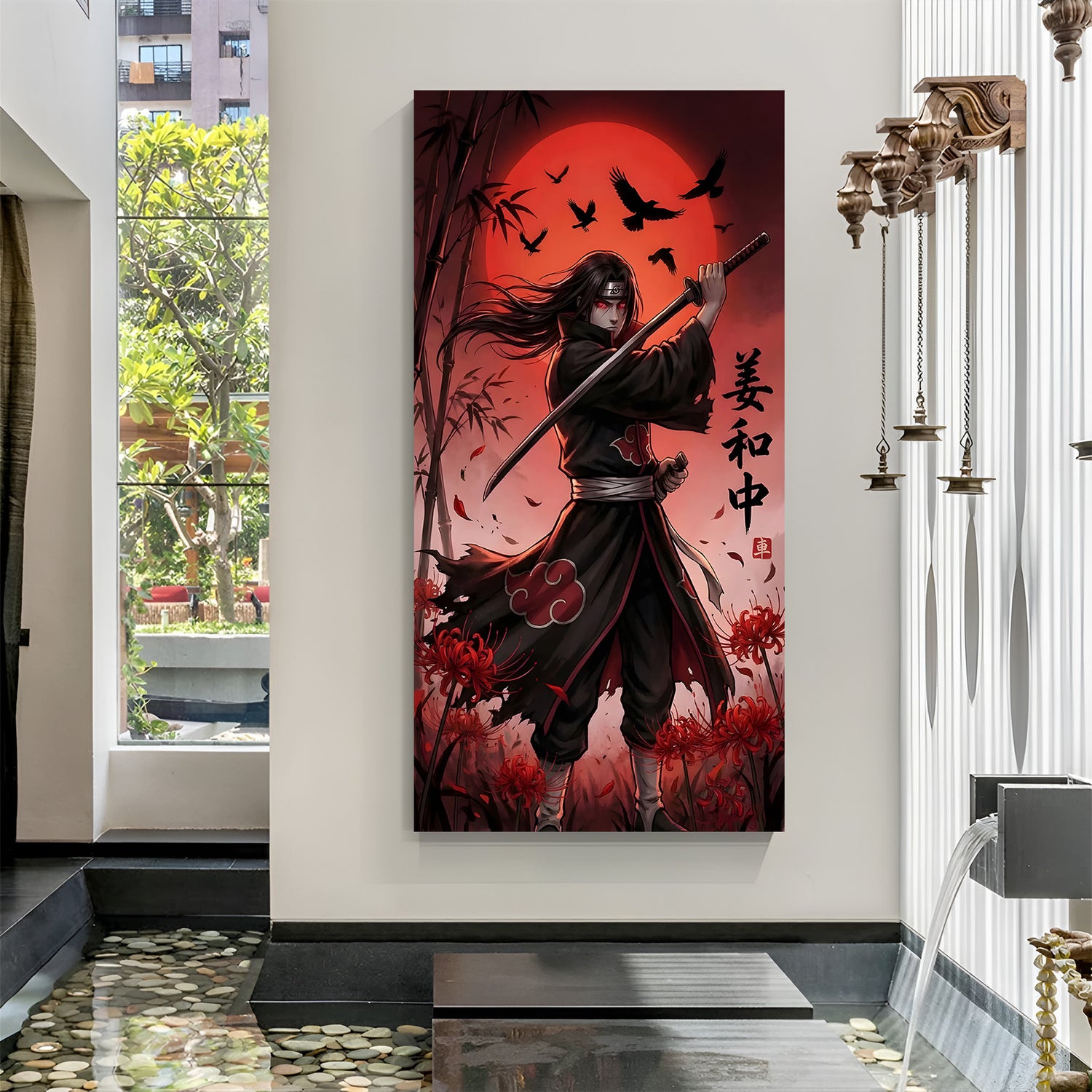 Itachi Uchiha Sword Moon canvas painting with crow anime artwork in canvas wrapped frame