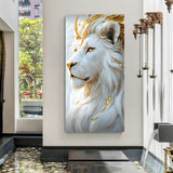 White lion portrait wall art in canvas wrapped frame featuring golden accents and detailed flowing mane.