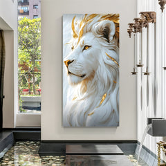 White lion portrait wall art in canvas wrapped frame featuring golden accents and detailed flowing mane.