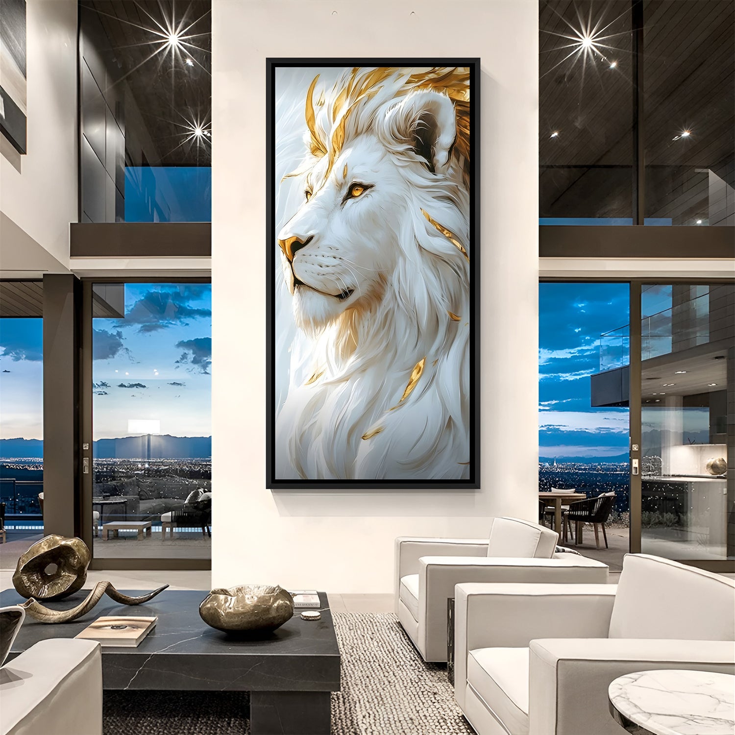 Modern white lion artwork in black floater frame with striking golden eyes and elegant neutral tones.