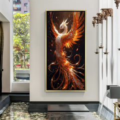 Elegant ivory phoenix wall art in gold frame featuring glowing orange wings and flowing tail.