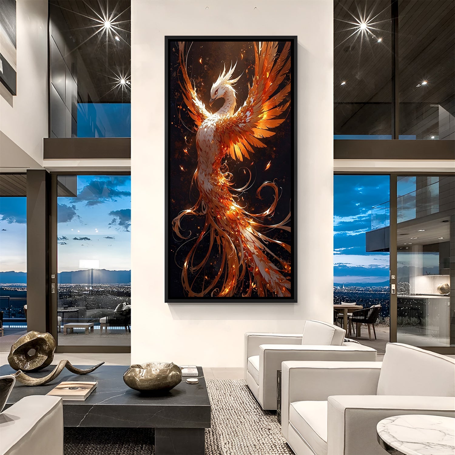 Luxury white and amber phoenix portrait artwork in sleek black frame displayed in modern interior.