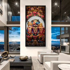 Jagannath Balabhadra Subhadra temple celebration artwork in black floater frame for modern mandir decor.