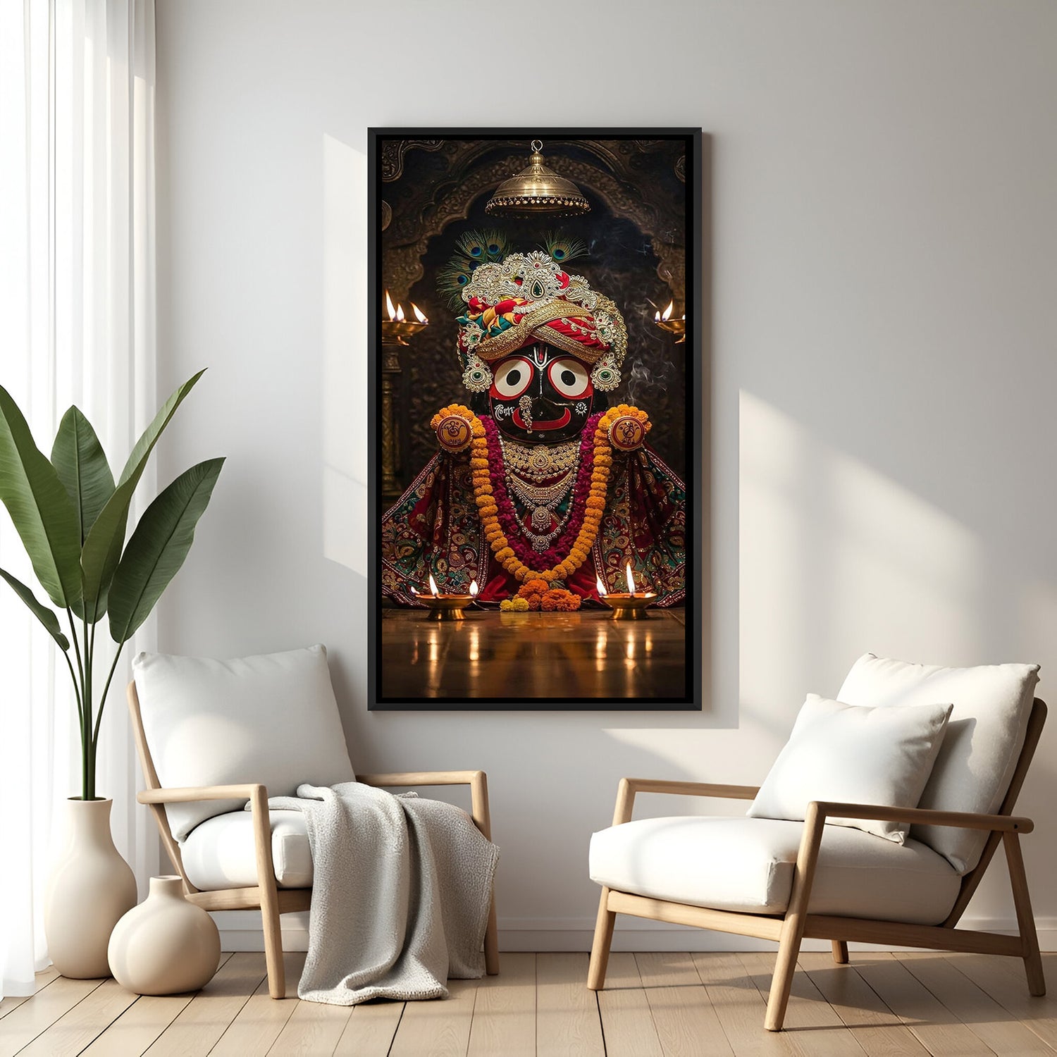 Jagannath Ji devotional canvas artwork with elegant black floater frame for spiritual home decor
